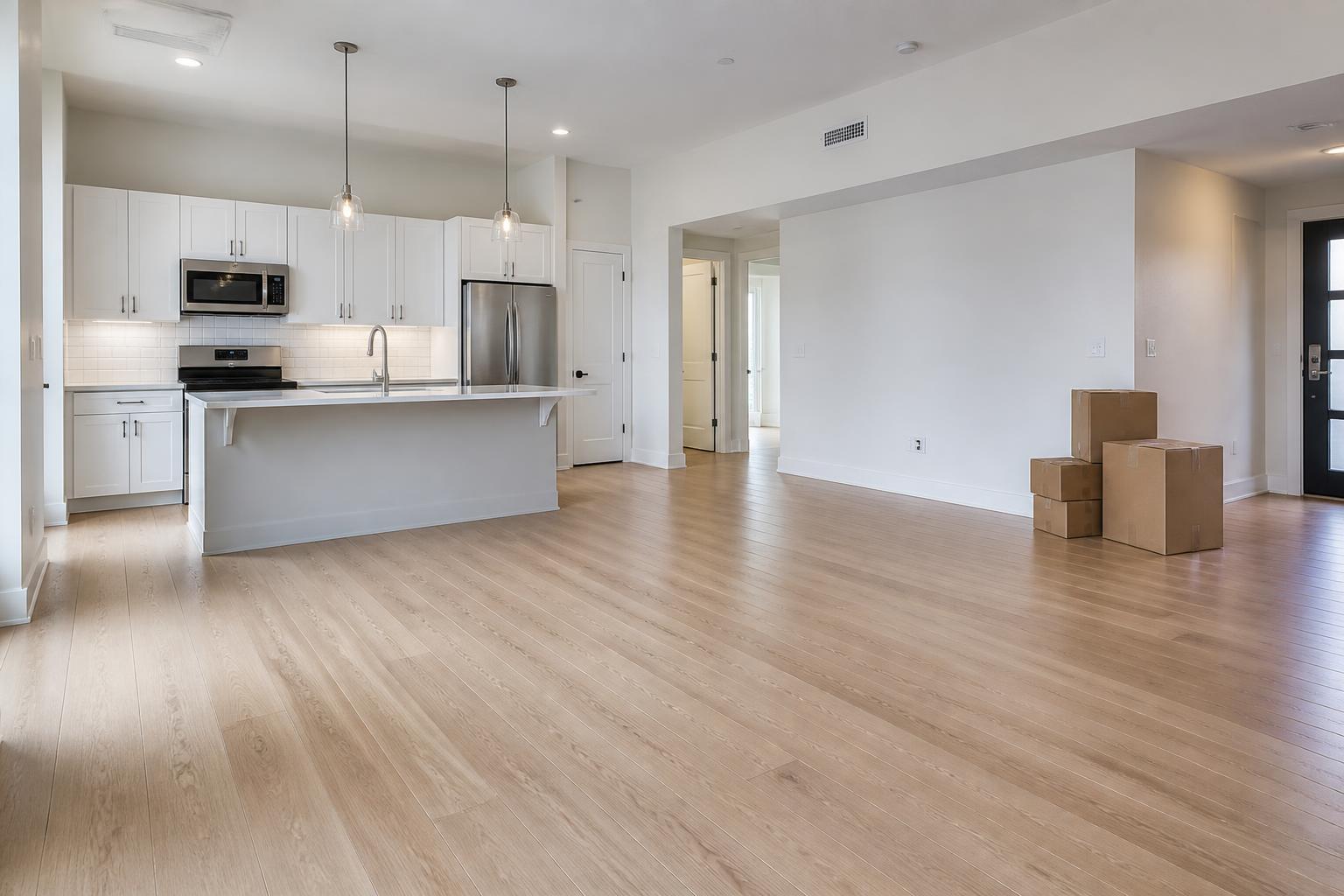Spotless empty apartment with a bright kitchen and moving boxes by the doorway