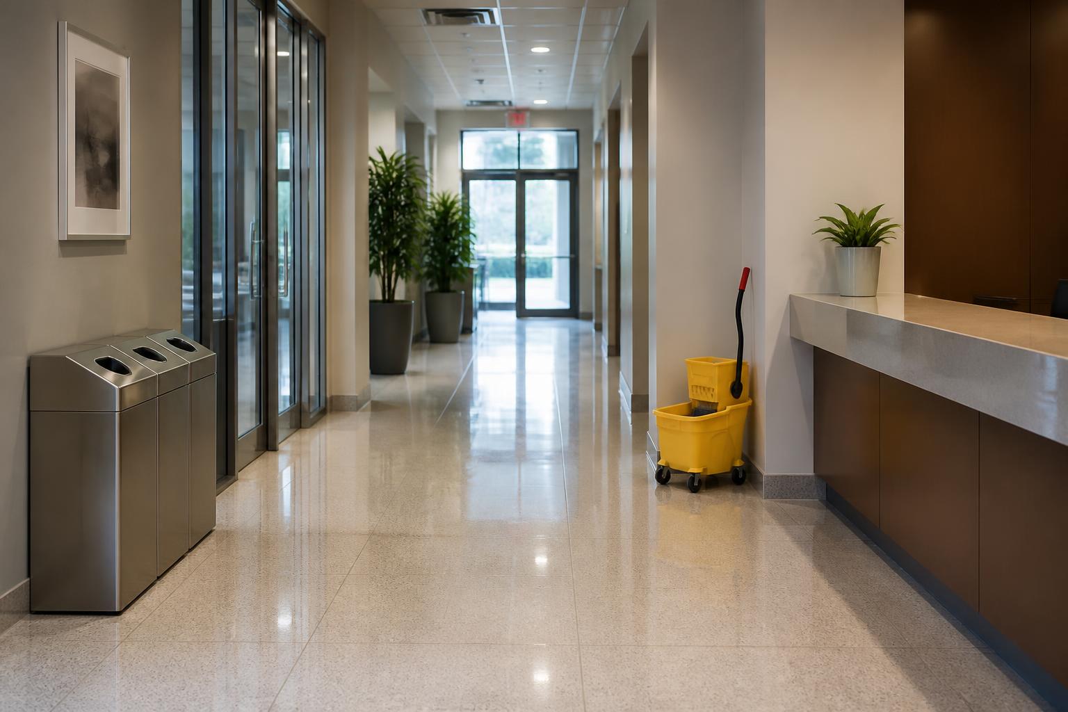 Clean commercial reception corridor with polished floors and a janitorial bucket