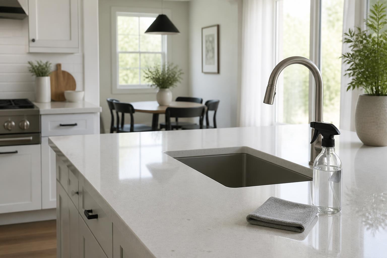 Bright maintained kitchen with gleaming counters, a spray bottle and folded cloth