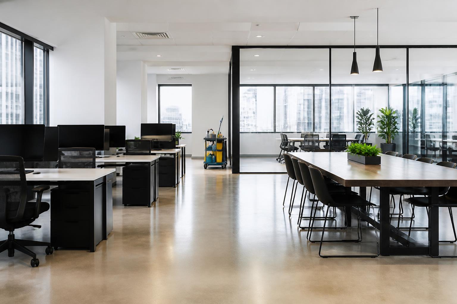 Freshly cleaned modern office with spotless desks, glass walls and polished floors