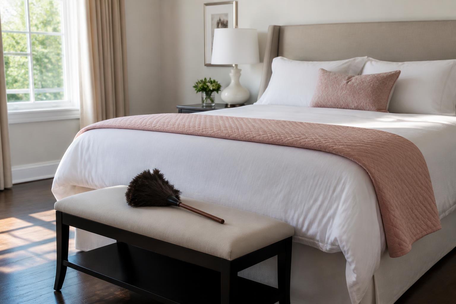 Freshly reset bedroom with crisp white linens, blush bedding and a feather duster