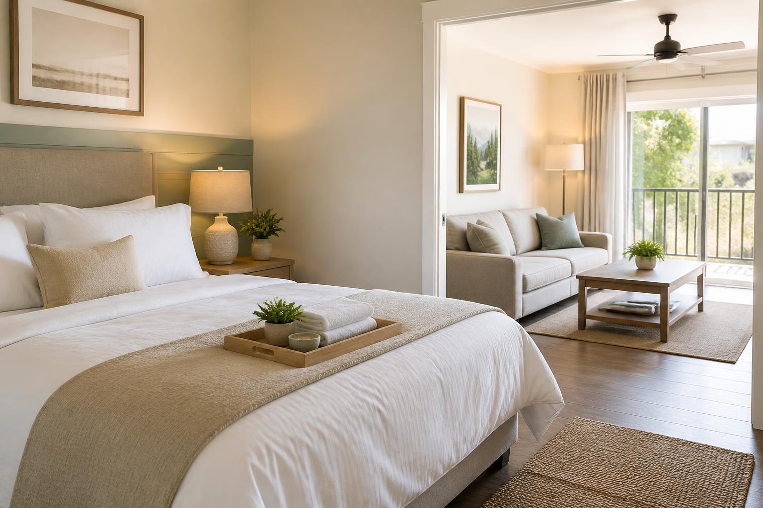Guest-ready short-term rental with crisp bedding, folded towels and a tidy sitting area
