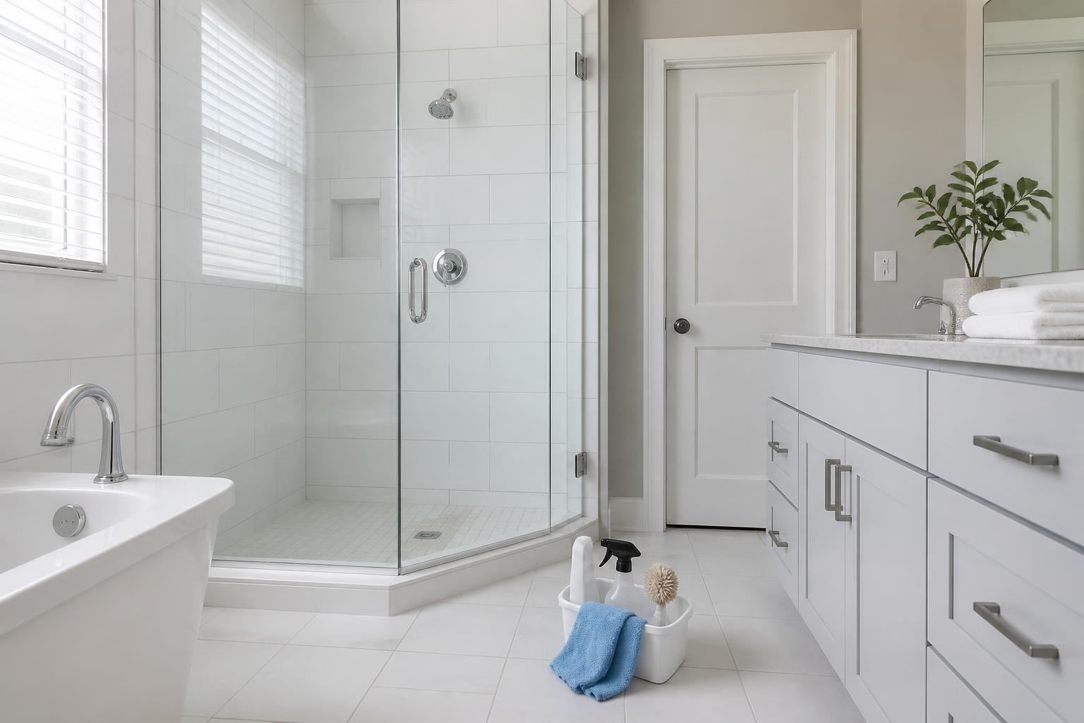 Deep-cleaned bathroom with spotless tile, sparkling shower glass and a cleaning caddy
