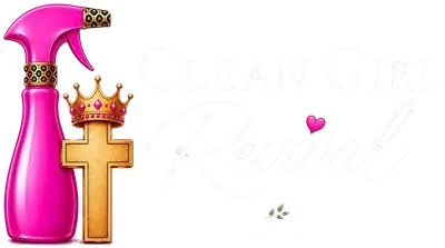 Clean Girl Revival white and pink logo with gold cross and crown