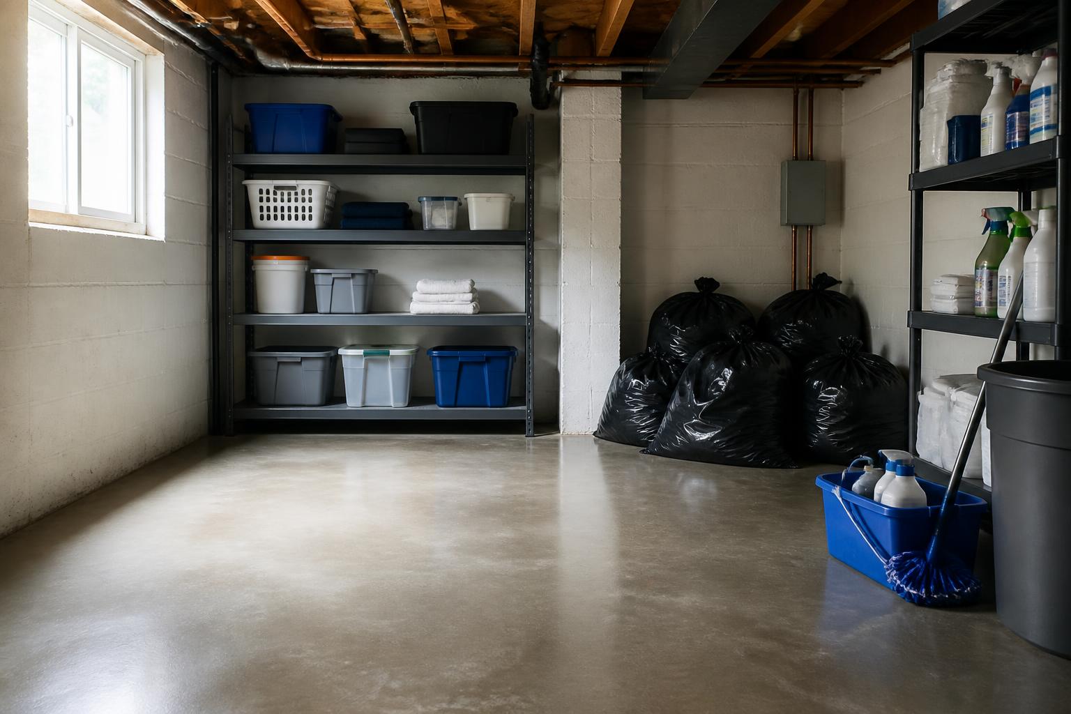 Restored utility room with clean concrete floor, orderly shelving and contained bags