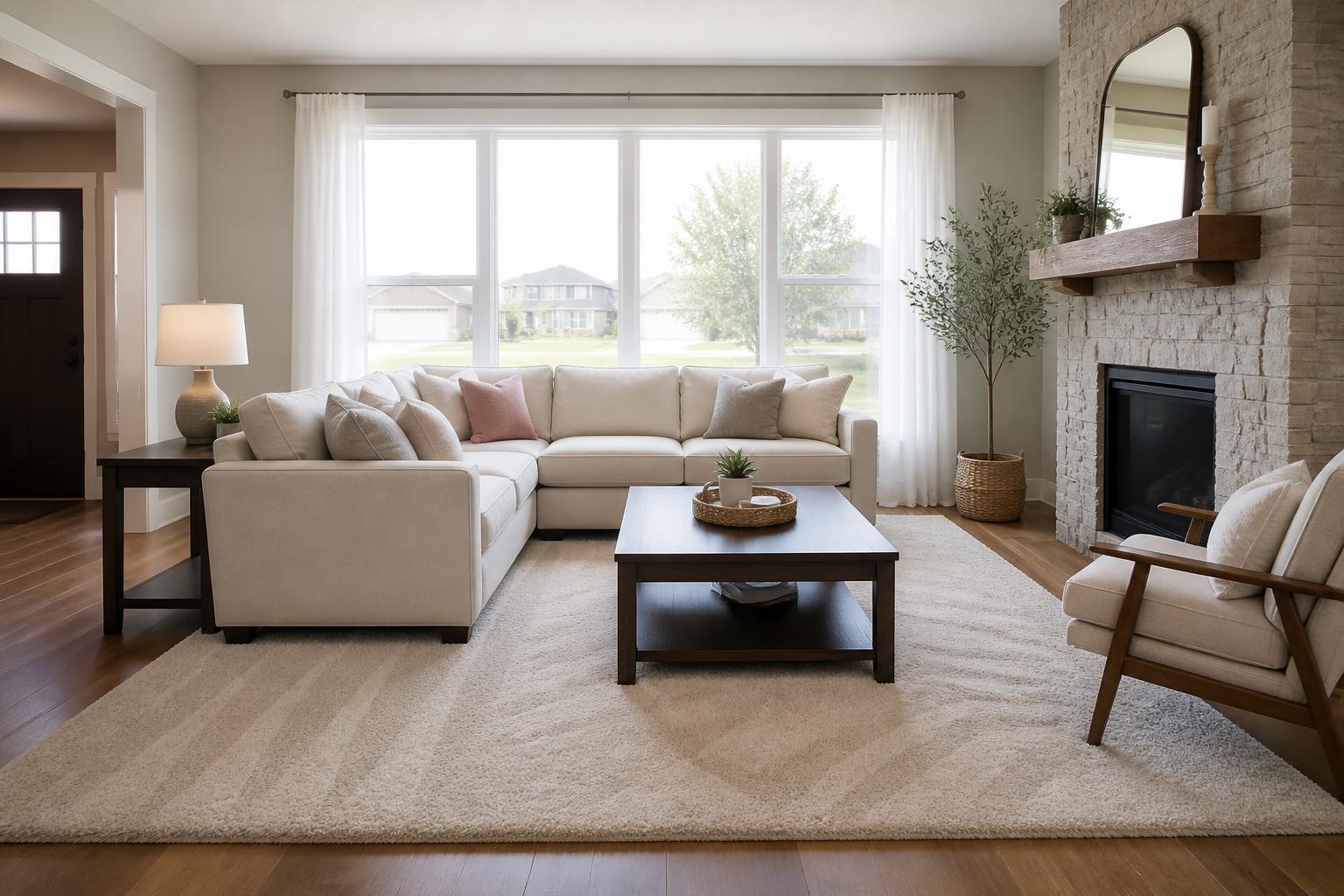Spotless family living room with a neatly arranged sofa and freshly vacuumed rug